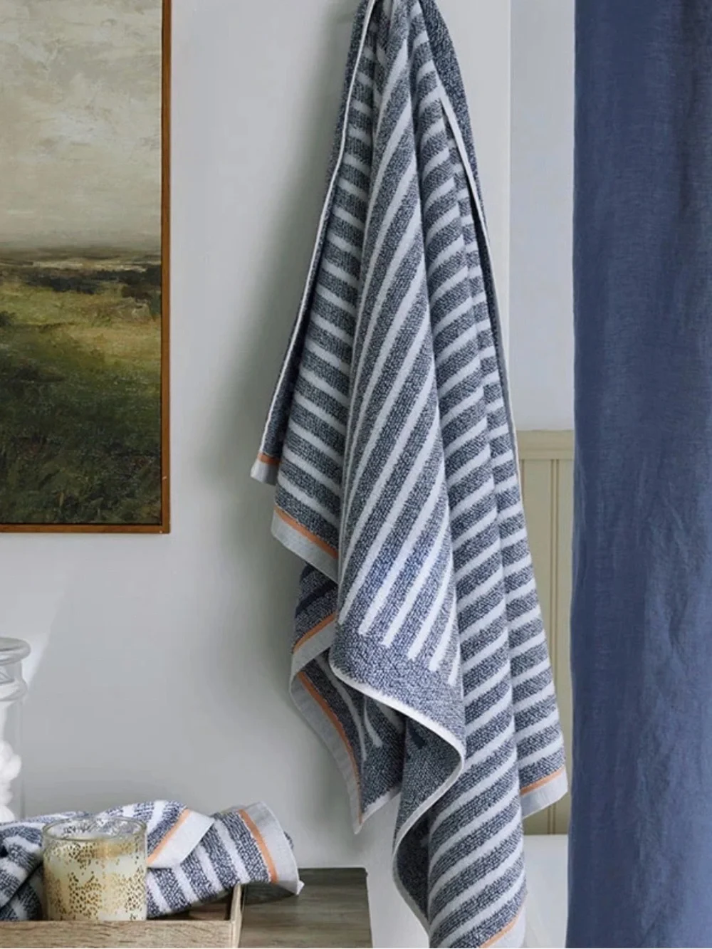 The Company Store 4 piece Navy & White Striped Towel set with Peach Accent